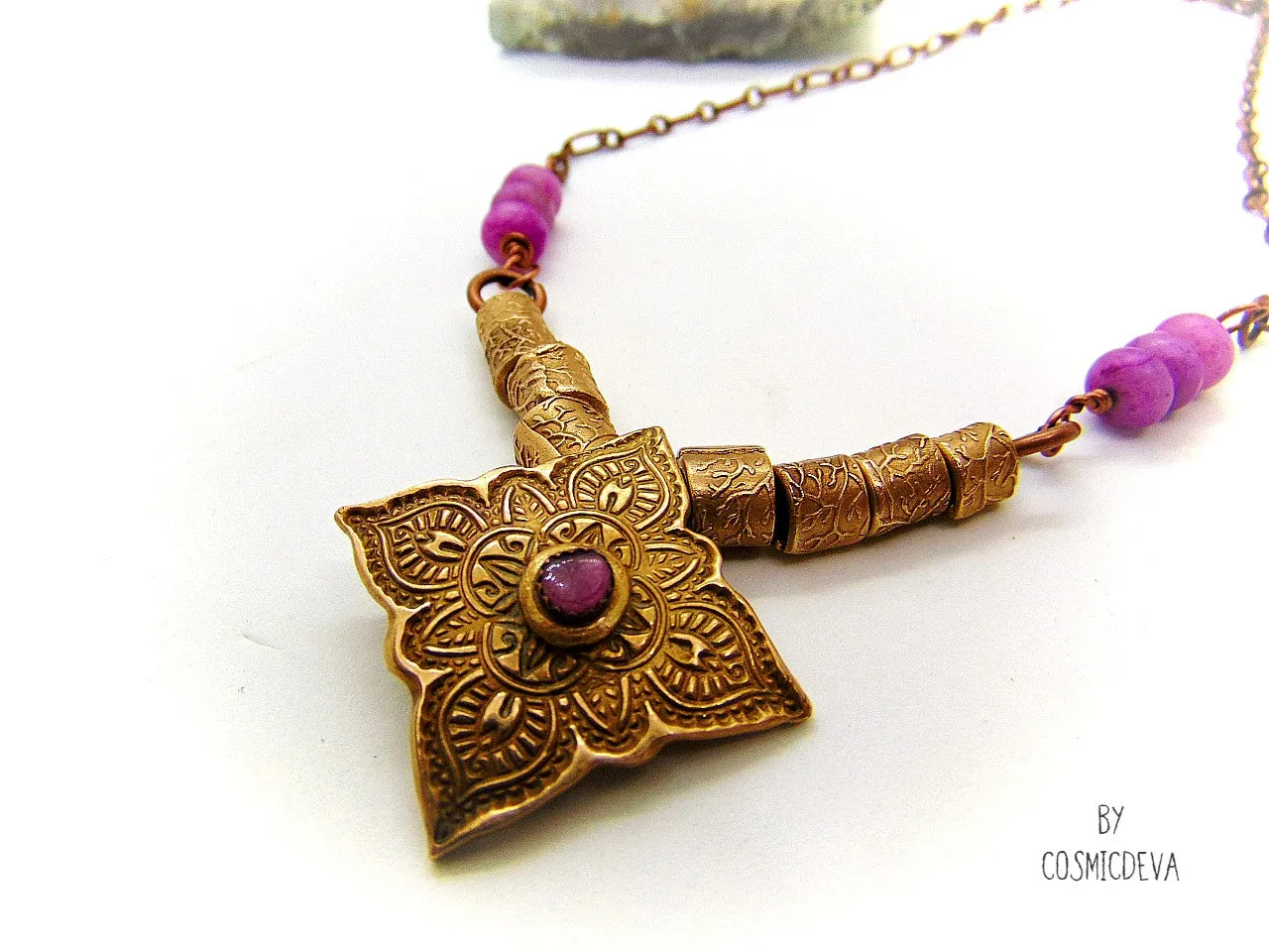 Pink Tourmaline Mandala Mehndi Gold Bronze Necklace