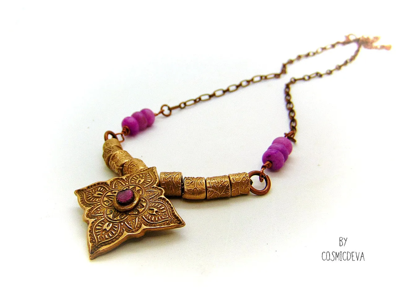 Pink Tourmaline Mandala Mehndi Gold Bronze Necklace