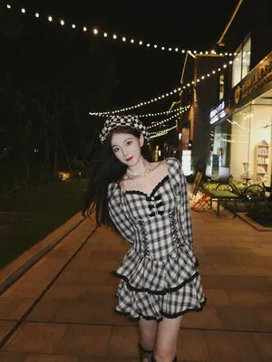 Punk black white check bow dress by0126