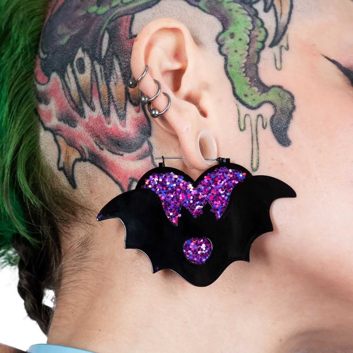 Purple Heart Bat Hoop Earrings