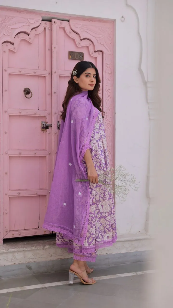 Purple Jaal Handblock Cotton Anarkali With Doriya Dupatta