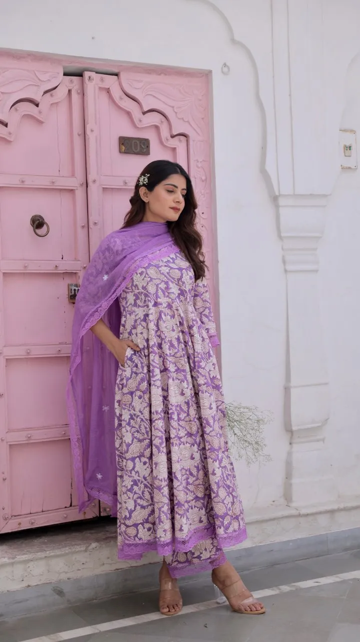 Purple Jaal Handblock Cotton Anarkali With Doriya Dupatta