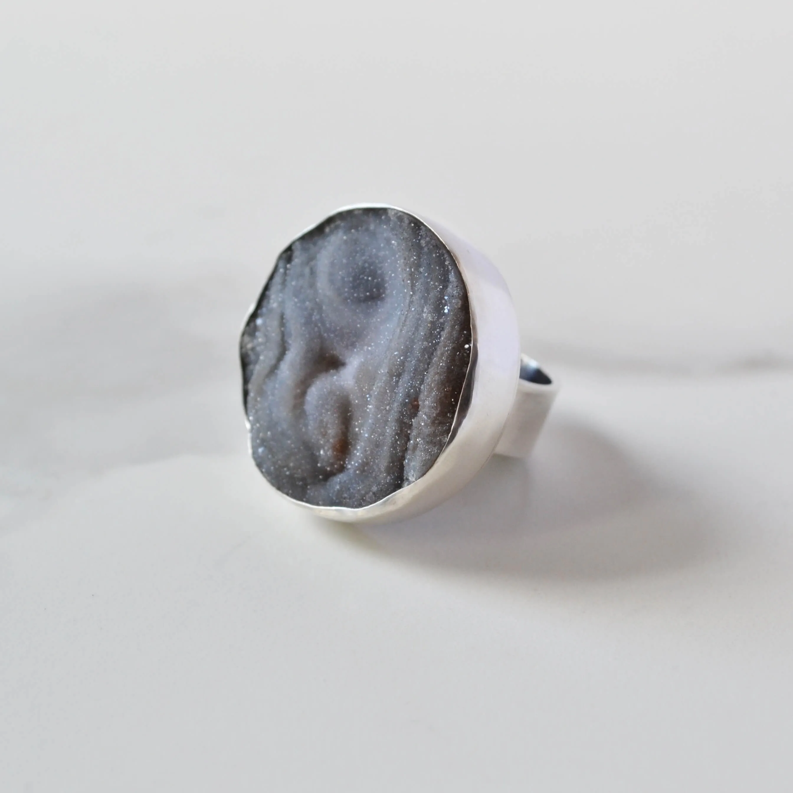 Raw Chalcedony Round Grey Druzy Sterling Silver Ring, One of a Kind