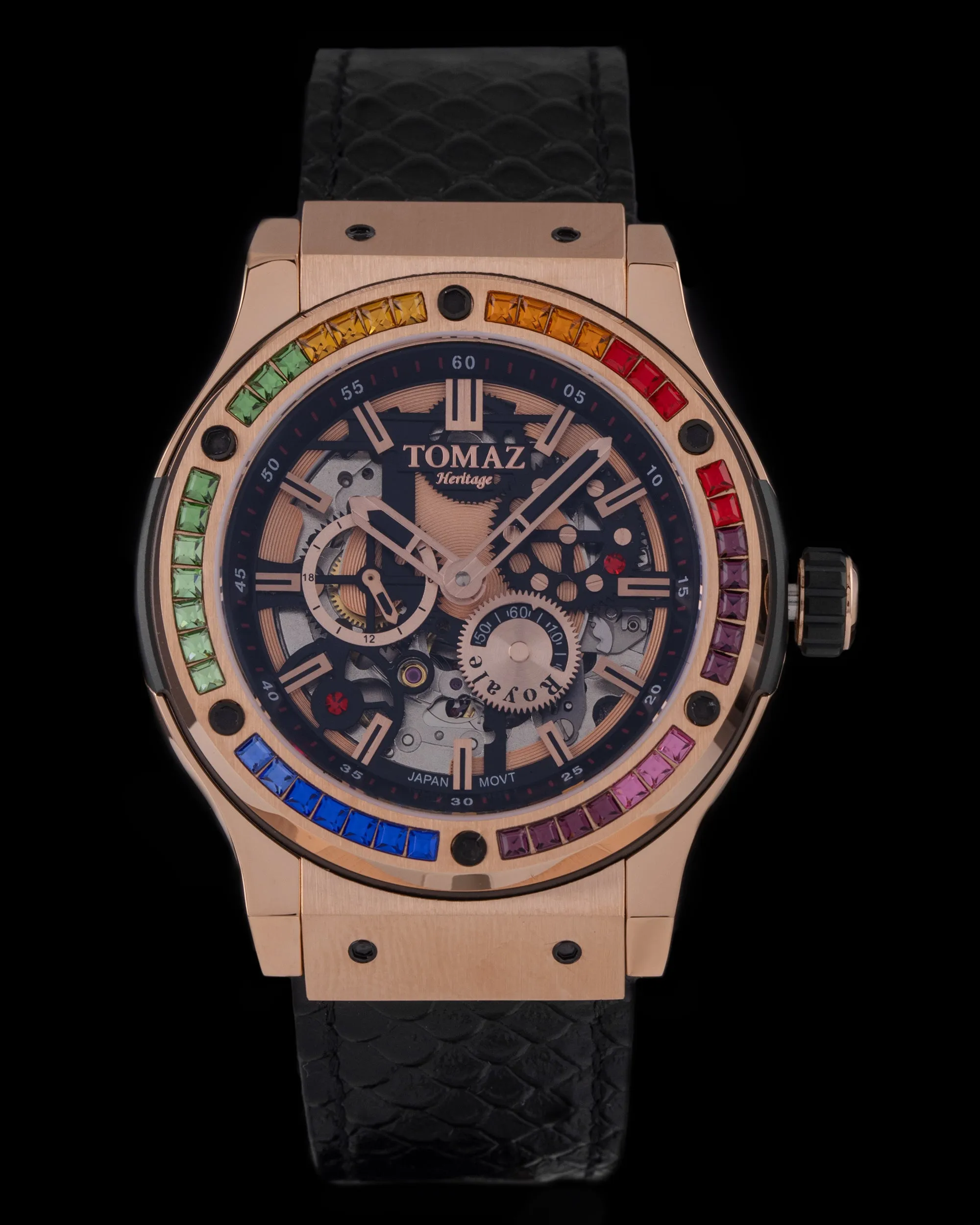 Royale TW014B-D1 (Rosegold) with Rainbow Swarovski (Black Salmon Leather Strap)