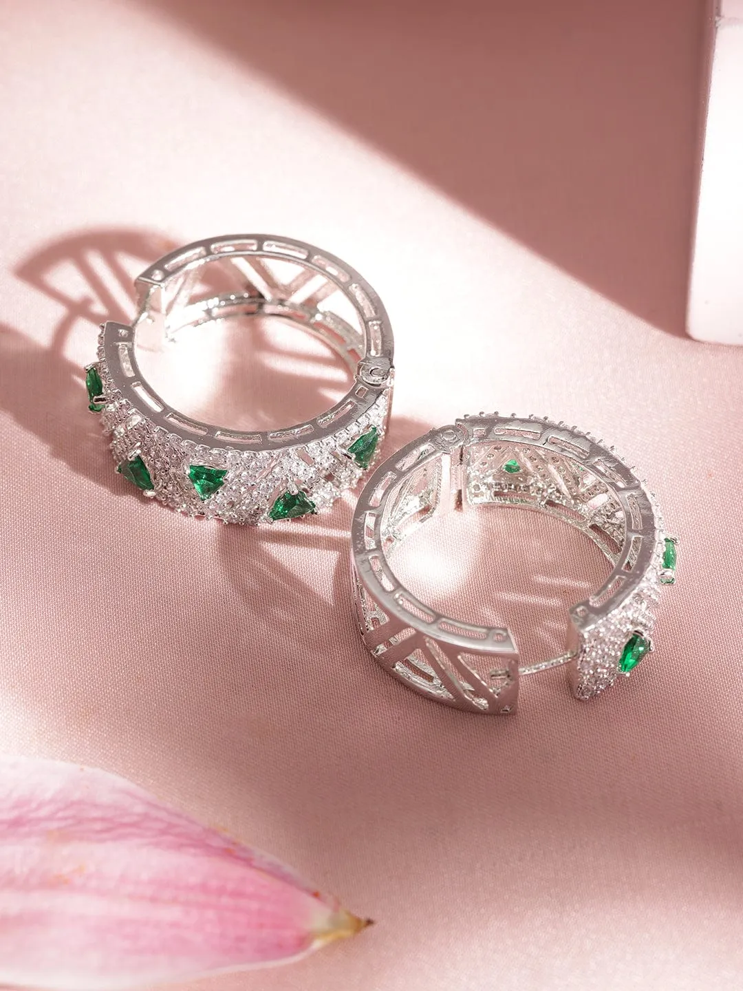 Rubans Rhodium Plated Emerald Crystal Trilliant  Zirconia Exquisite Demi - Fine Hoop Earring