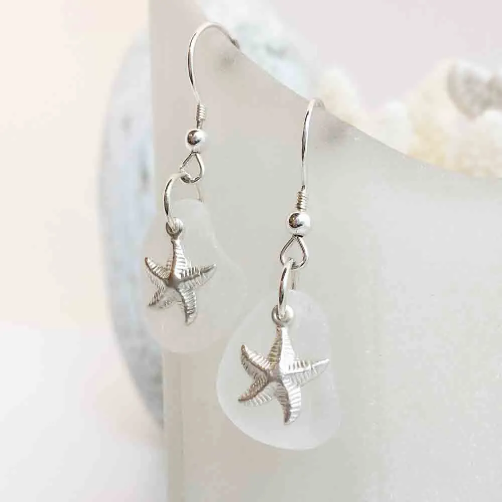 Snowy Crystal Clear Sea Glass Earrings with Sterling Silver Starfish Charms | #1635