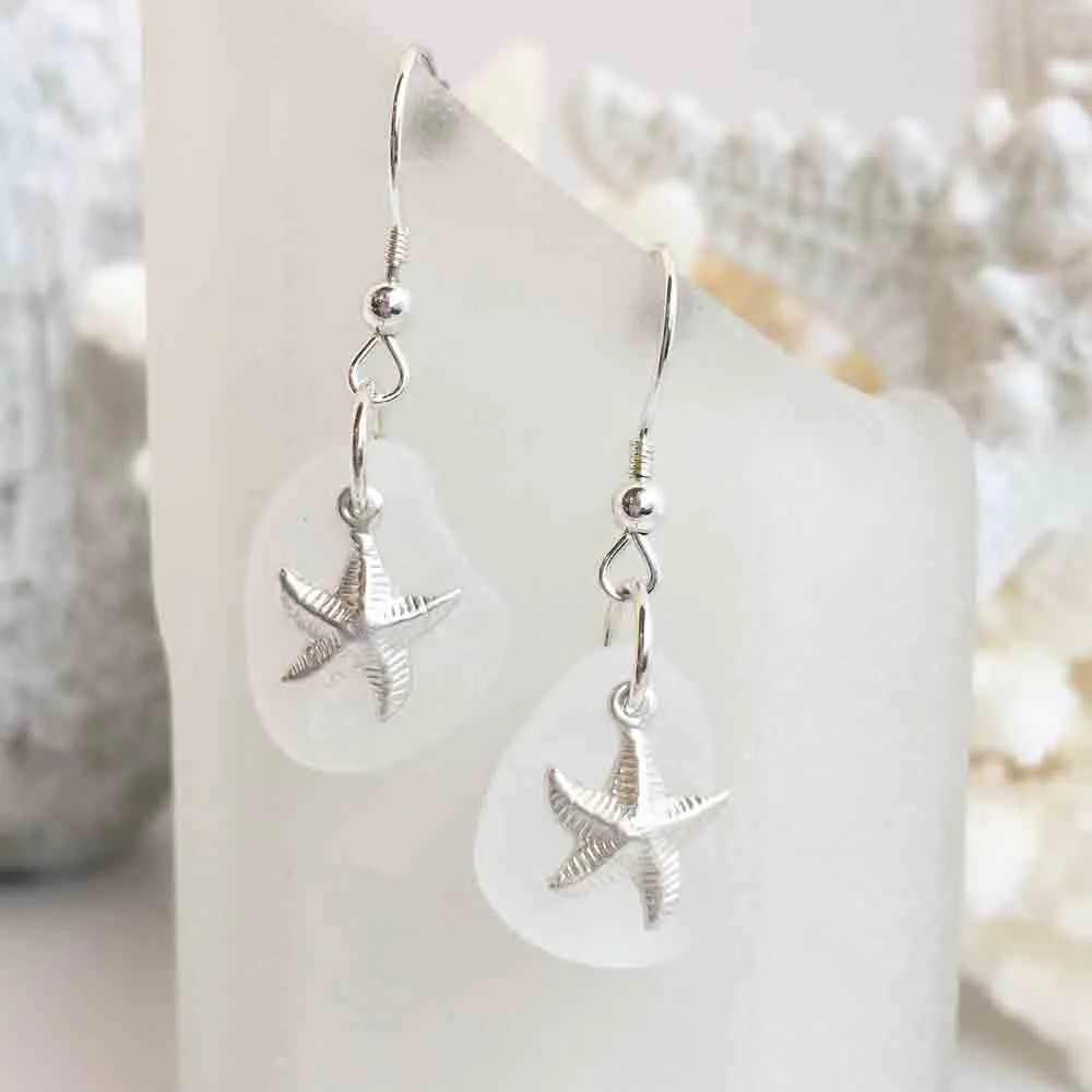 Snowy Crystal Clear Sea Glass Earrings with Sterling Silver Starfish Charms | #1635