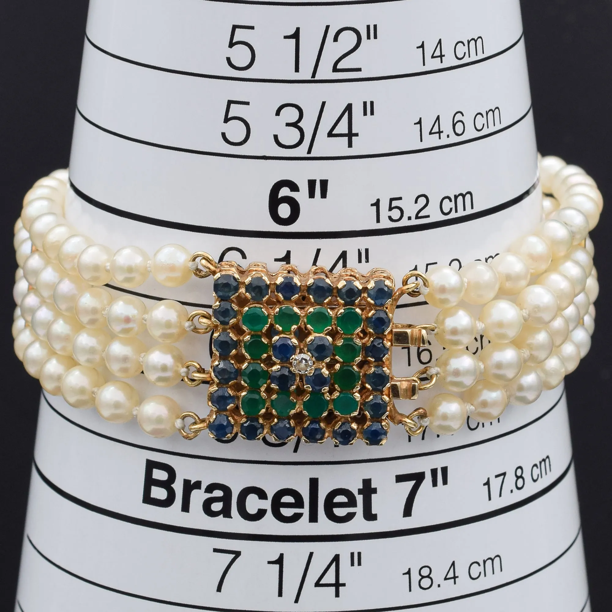 Vintage 14K Gold Sapphire, Emerald, Diamond & Pearl Beaded Multi-Strand Bracelet