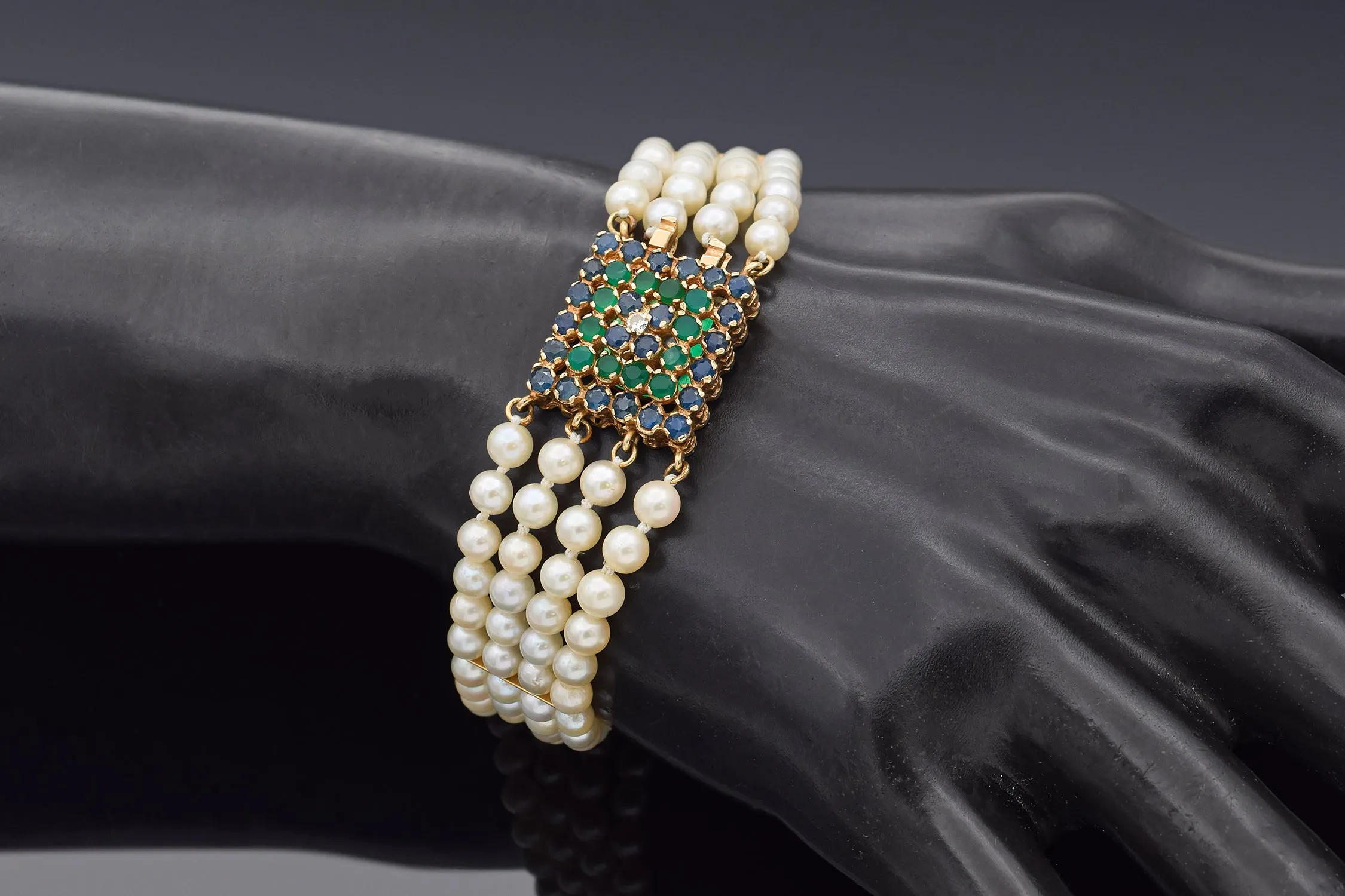 Vintage 14K Gold Sapphire, Emerald, Diamond & Pearl Beaded Multi-Strand Bracelet