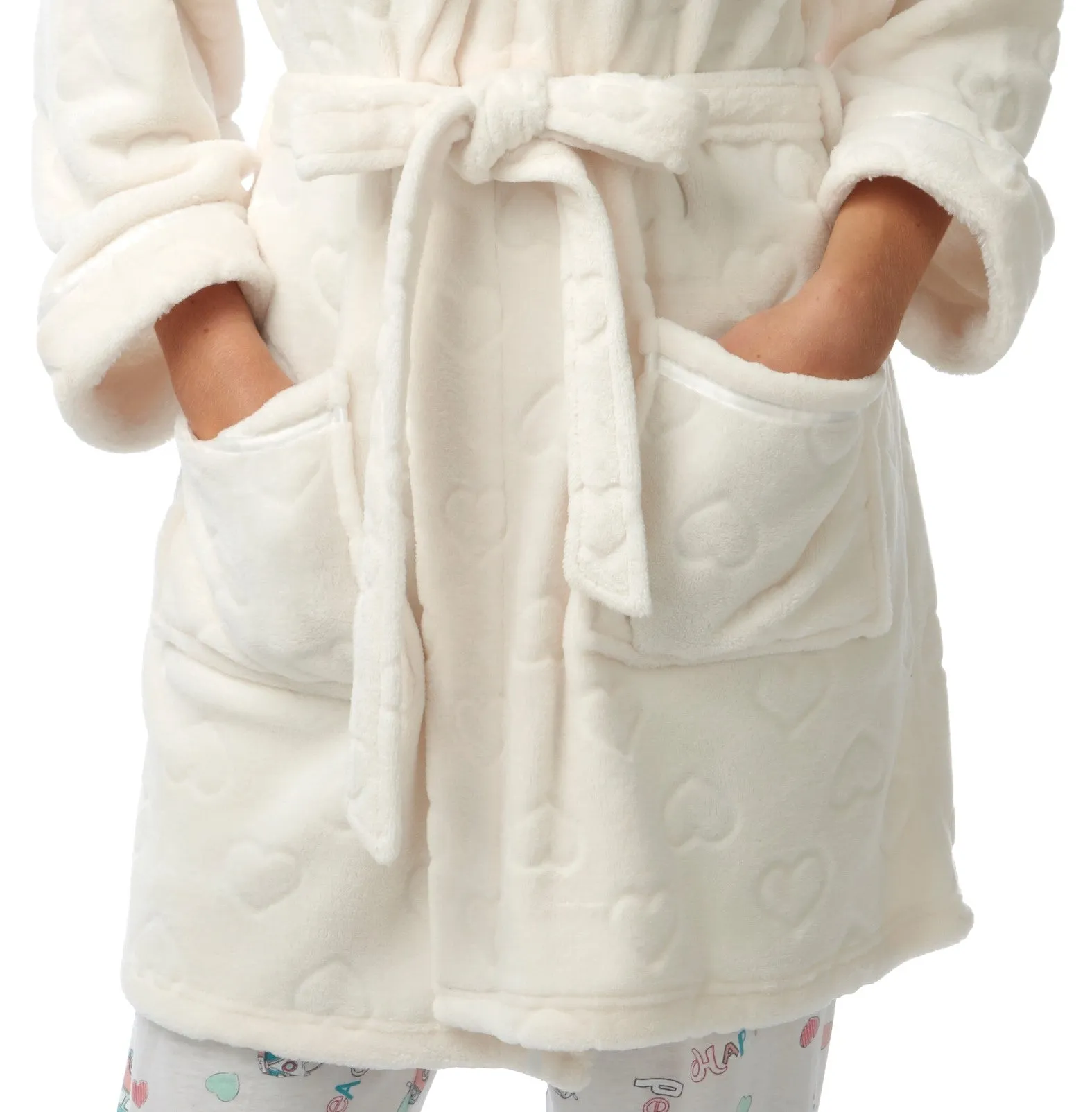 Womens Soft Fleece Short Length Dressing Gowns Coral and Ivory