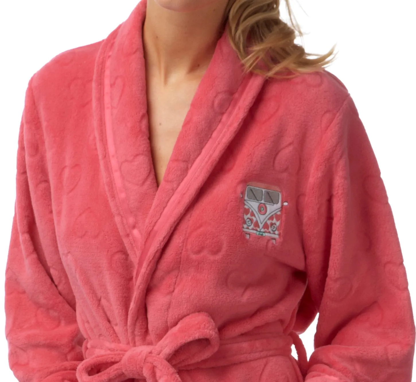 Womens Soft Fleece Short Length Dressing Gowns Coral and Ivory